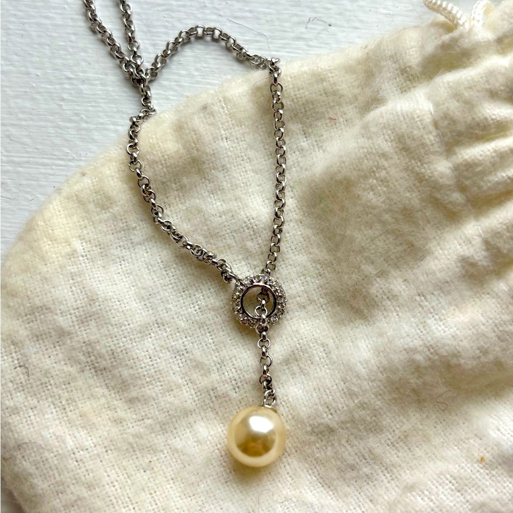 Silver Tone Pearl Drop Adjustable Link Necklace